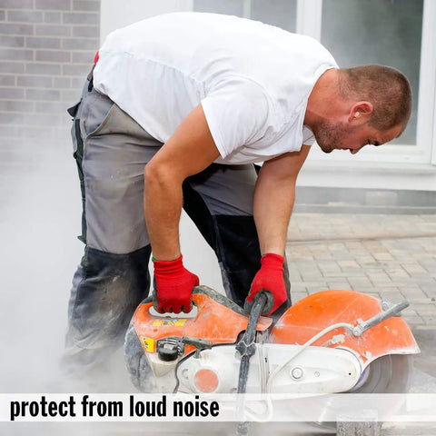 Man using power saw with dust, illustrating use of ThermaFit Soft Foam Earplugs, 40 Pairs For Sleep, Snoring, Work, Travel And Loud Events.