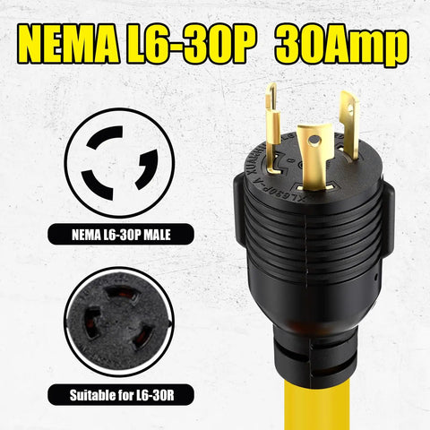 Nema L6-30P 30Amp plug details with terminals, compatible with L6-30R for EV Charger Adapter Cord use.
