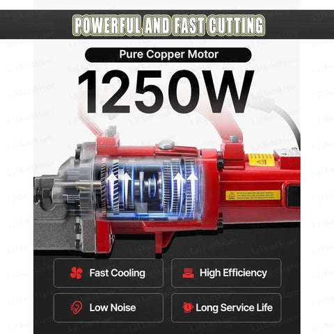 LjlXanthiper Portable Electric Hydraulic Rebar Bender And Cutter, compact pure copper motor illustration with 1250W rating.
