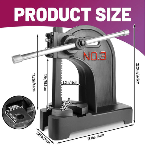 Heavy Duty 3 Ton Manual Arbor Press Machine Featuring Ratchet Handle And Comfort Grip Wheel For Desktop Metal Punching, showing product dimensions.