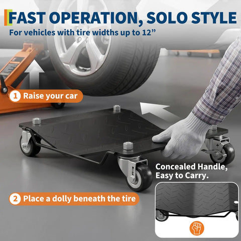 Heavy Duty Wheel Dolly Set of 4 for Garages and Shops Black 7000 Lb Capacity Each Reinforced Steel Base Smooth Glide for Easy Vehicle Moving Durable Stable Car Dollies for DIY Mechanics and Pro Garages, black dolly under tire