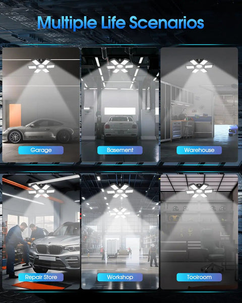 Crazy Bright 200W Garage Light With Six Deformable Panels And Central LED 20000 Lumens At 6500K illuminating various spaces