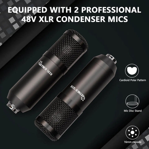 Two Person Podcast Gear Bundle With Dual XLR Condenser Mics USB Audio Interface 48V Phantom Power Built In Recorder 8GB Card Stereo Denoise RGB Lighting Easy Plug In For PC Mac Or Phone Great For Streaming And Gaming featuring two 48V XLR condenser mics with cardioid pattern and 16mm capsule.