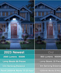 Comparison of Super Bright Solar Motion Sensor Lights 2000 Lumens 88 LED next to older model on a house exterior at night