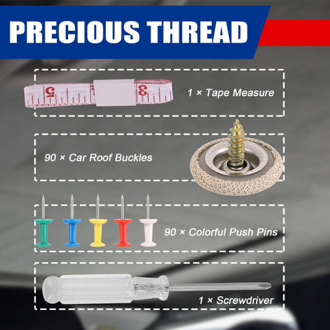 90Pcs Car Roof Headliner Repair Button Pins Kit with tape measure, roof buckles, colorful push pins, and screwdriver visible