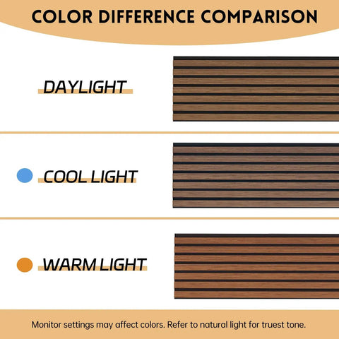 Color difference comparison of 4 Pack Sleek Wood Slat Wall Panels For Modern Living Space Upgrade featuring 3D Fluted Acoustic Soundproofing in walnut.
