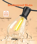 60 Ft Solar String Lights With Remote Control Waterproof Copper Wire Led Bulbs 15 Plus 2 Shatterproof Outdoor Patio Garden Market Bistro Backyard Fence Decor Lit Vibe 8 Lighting Modes Auto Charging Panel featuring shatterproof bulb on plastic material.