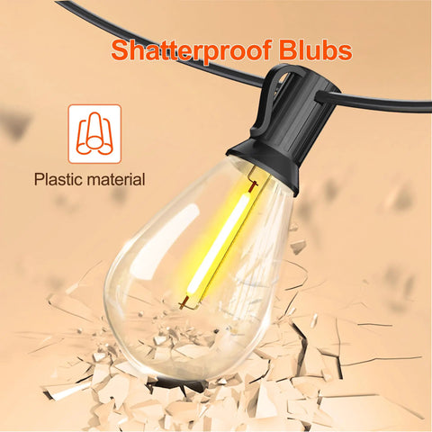 60 Ft Solar String Lights With Remote Control Waterproof Copper Wire Led Bulbs 15 Plus 2 Shatterproof Outdoor Patio Garden Market Bistro Backyard Fence Decor Lit Vibe 8 Lighting Modes Auto Charging Panel featuring shatterproof bulb on plastic material.