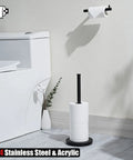 Matte Black Stainless Steel Toilet Paper Storage Stand That Holds 3 Rolls Thick Zero Point Eight Millimeter Frame Built Tough Prevents Rust Easy Clean Bathroom Organizer Dispenser next to toilet.