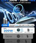 200W Triple Port USB C Car Charger with 140W PD Fast Charge and USB C to USB C Cable