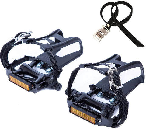 Toe Clip Bike Pedals With Straps For 9 Sixteenth Inch Axles Universal Fit No Slip Grip Durable Lightweight Alloy And Resin Construction Fits Most Adult Bikes And Mountain Bicycles