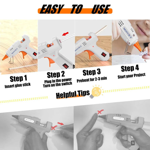 Instruction steps for Fast Preheating Mini Glue Gun Kit With Carrying Case And 30W Hot Melt Gun 20 Premium Glue Sticks And 10 Wood Craft Sticks