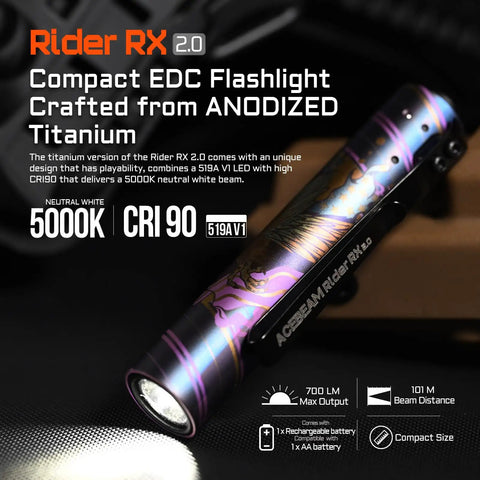 Rider RX LED Flashlight with 5000K CRI 90, anodized titanium body, compact for EDC, hiking, dog walks, 700 lumens, 101m beam.
