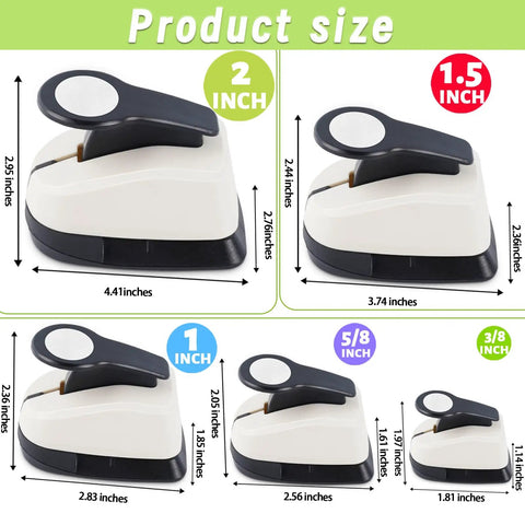 Dope 5 Circle Hole Punch Set For Paper Crafts And Scrapbooking, showing sizes 2, 1.5, 1, 5/8, 3/8 inch, ABS and zinc alloy material