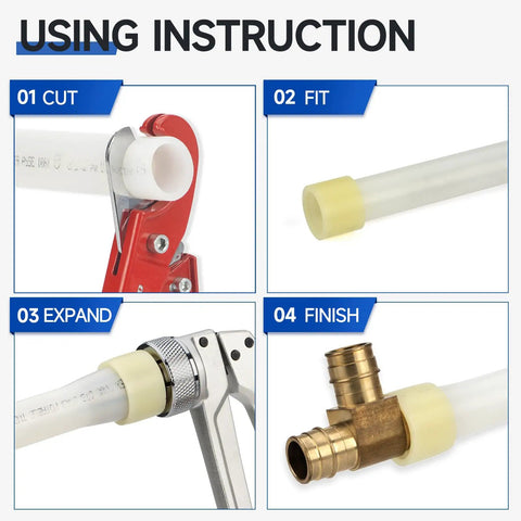 ProPEX Expansion Tool Kit With Pipe Cutter For ProPEX Fittings 3/8 To 1 Inch, tool usage illustration showing cutting, expanding, and fitting.