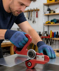 Person using Portable Dual Wheel Slitter For Metal And Vinyl Sheets Hand Pull Cutter Delivers No-Burr Clean Cuts, red tool in action