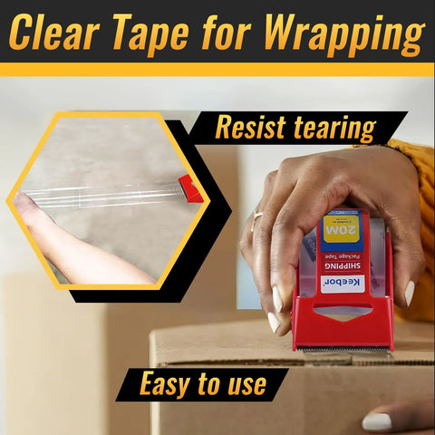 Person using 12 Rolls Heavy Duty Packaging Tape With Dispenser Clear Packing Tape For Shipping And Mailing Wrapping One Point Five Inch Core Tough Adhesive Easy Tear And Long Lasting Bond on a box