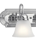 Five Light Bathroom Vanity Fixture, Traditional 36-Inch Bar With Satin Etched Glass Shades In Tannery Bronze, close-up view.