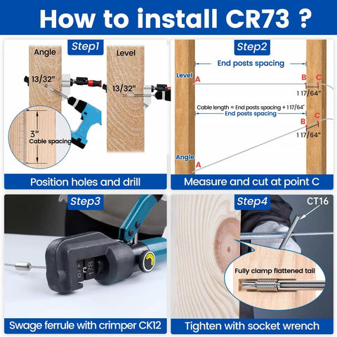 Installation guide for Hidden One Eighth Inch Invisible Cable Railing Kit For Wood Posts Forty Pack Stainless Steel Swage Lag Screws Hardware