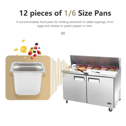 Heavy Duty 48 Inch Sandwich And Salad Prep Table Refrigerator With Stainless Steel Chassis 13.4 Cubic Foot Storage with 1/6 size food pans.