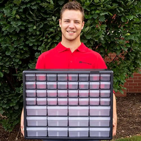 Heavy Duty Plastic Drawer Cabinet For Garage Organization And Craft Storage, 44 Drawer Bead And Building Bricks Organizer, Teacher Toolbox And Makeup Storage Unit, held by person