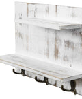 Two Tier Wall Mounted Floating Shelf In Whitewashed Solid Wood With Six Antique Brass Hooks For Towels And Accessories Rustic