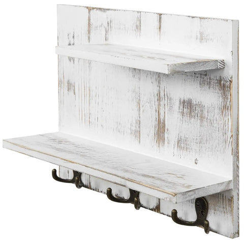Two Tier Wall Mounted Floating Shelf In Whitewashed Solid Wood With Six Antique Brass Hooks For Towels And Accessories Rustic