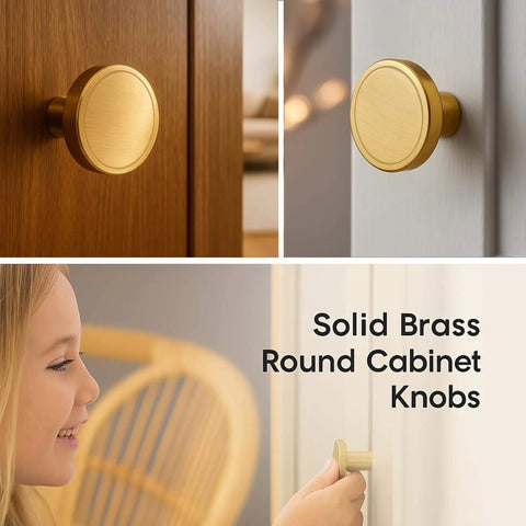 7 Pack Brushed Brass Cabinet Knobs 1 Inch Solid Round Gold Hardware For Cabinets Drawers And Vanity With Luxury Ring Carving Design Two Screw Sizes By JKJOWPER