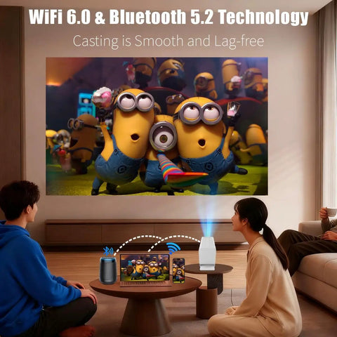 4K Supported Mini Projector With WiFi And Bluetooth For Home Theater And On The Go projecting movie in living room