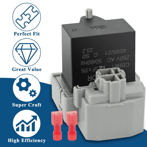 Close-up of Refrigerator Start Device And Run Capacitor Kit W10189190 TSD2 And W10662129 for Whirlpool Kenmore Electrolux.