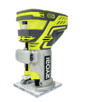 18V Lithium Ion Cordless Fixed Base Trim Router With LED Lights And GripZone Overmold For Tight Accurate Cabinet And Trim Work Tool Only No Battery Included Easy Depth Adjustment For Clean Pro Level Wood Cuts, shown from a side angle with aluminum base