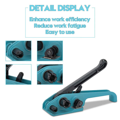 Heavy Duty Strapping Tensioner Sealer And Cutter Kit For One Half To Three Quarters Inch Polyester Polypropylene Straps Lake Blue Manual Packing Tools Set Built Tough For Pro Grade Wrapping, lake blue tensioner with cutter detail