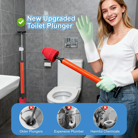High Pressure Air Toilet Plunger With Flexible Drain Snake For Blasting Through Stubborn Bathroom And Kitchen Clogs in a modern bathroom.