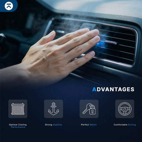 Hand touching car AC vent showcasing airflow benefits of Front AC Evaporator Core Featuring Parallel Flow Design For Nissan Altima Murano Maxima Pathfinder Or Infiniti JX35 QX60 Straight Up Solid Cooling Fix Dead Simple Swap.