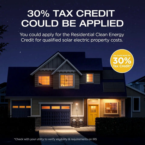 House at night highlighting availability of 30% tax credit for solar electric costs, related to On The Go Portable Solar Generator.