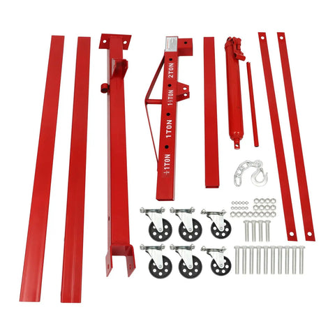 Straight Up Heavy Duty Hydraulic Engine Hoist And Cherry Picker parts in red, including wheels, frame, and hardware for garage auto work.
