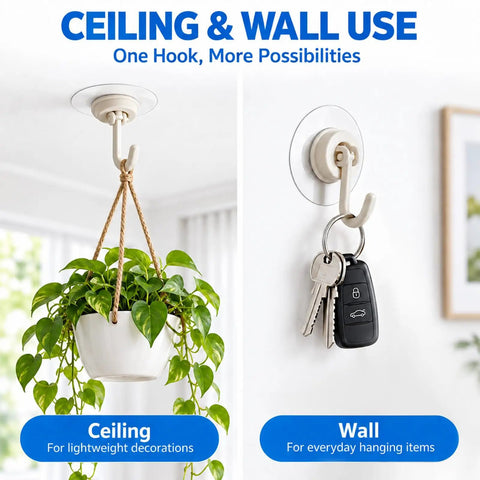 Eight Pack Of Solid White Adhesive Ceiling And Wall Hooks Delivers Zero Sweat Damage Free Mounting, featuring a ceiling hook and wall hook.