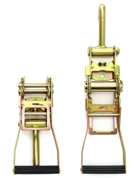 Ratchet Tie Down Straps With Long J Hooks 2 Inch Heavy Duty 4 Pack For Cargo Truck Security And Secure Hauling 10,000 Lb Break Strength 3,333 Lb Working Load showing two ratchets with metal hooks on white background