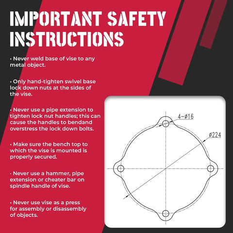 Important safety instructions for Beast Mode 8 Inch Bench Vise featuring usage guidelines and cautionary tips.