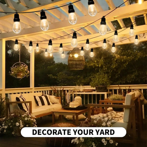 Outdoor string lights 50 feet for patio with 20 dimmable RGBW LED bulbs, creating a cozy backyard vibe under a wooden pergola.