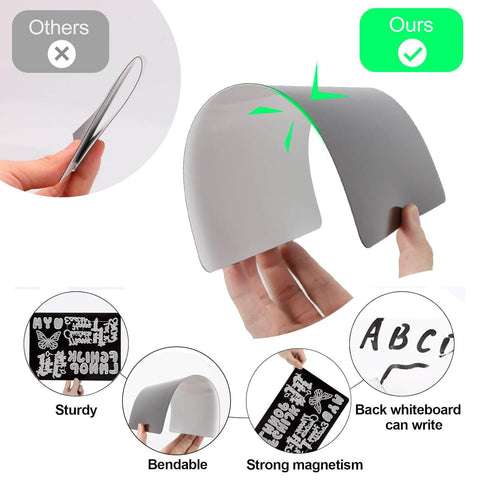 Comparison showing bendable feature of 36 Piece Magnetic Sheets And Die Storage Bags Set for card making and die cutting.