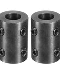 Two black oxide steel shaft couplings with 1/2 inch bore, 1 inch OD, 1-1/2 inch length and four set screws.