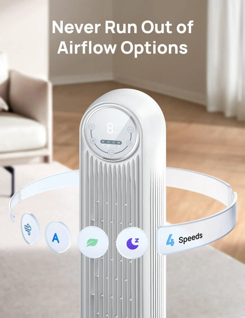 Bladeless 36-Inch Tower Fan For Bedroom, Ultra Quiet 28 dB, 4 Modes Display, near sofa, digital screen, modern design
