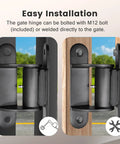 Built Rock Solid Gate Hinges Fitted With Sealed Bearings For A Smooth Silent Glide Adjustable Yoke Pivot Handles The Bulk On Huge Driveway Gates Up To 1100 Lbs Two Pack Carbon Black Kit shown bolted and welded on gates.
