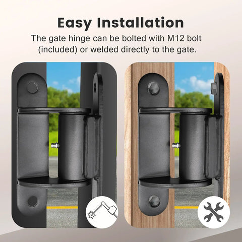 Built Rock Solid Gate Hinges Fitted With Sealed Bearings For A Smooth Silent Glide Adjustable Yoke Pivot Handles The Bulk On Huge Driveway Gates Up To 1100 Lbs Two Pack Carbon Black Kit shown bolted and welded on gates.
