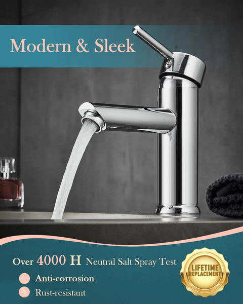 Brass Bathroom Faucet With Detachable Spout in Chrome Finish, sleek single-hole design, modern bath vanity use
