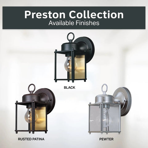 8 Inch Outdoor Wall Lantern Sconce In Black Finish For Front Door Patio And Porch Exterior Light Fixture That Is Built To Last with additional rusted patina and pewter finishes shown
