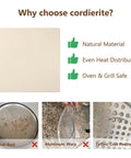 12 Inch Square Pizza Stone For Grill And Oven Premium Cordierite Bake Stone For Crisp Golden Crust Pizza Fits Oven Grill Toaster Oven And RV Oven Heat Resistant Up To 1400 Degrees Fahrenheit shown with image comparison to metal, aluminum, and teflon.