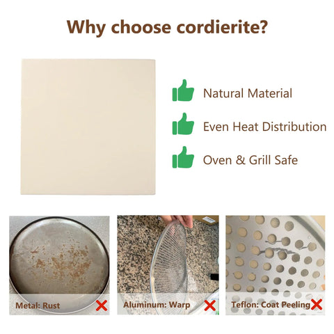 12 Inch Square Pizza Stone For Grill And Oven Premium Cordierite Bake Stone For Crisp Golden Crust Pizza Fits Oven Grill Toaster Oven And RV Oven Heat Resistant Up To 1400 Degrees Fahrenheit shown with image comparison to metal, aluminum, and teflon.