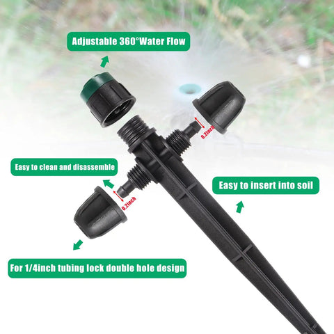 Drip Irrigation Emitter Sprayer Kit For One Quarter Inch Tubing Easy Setup Plug And Play With Double Hole Design 360° adjustable